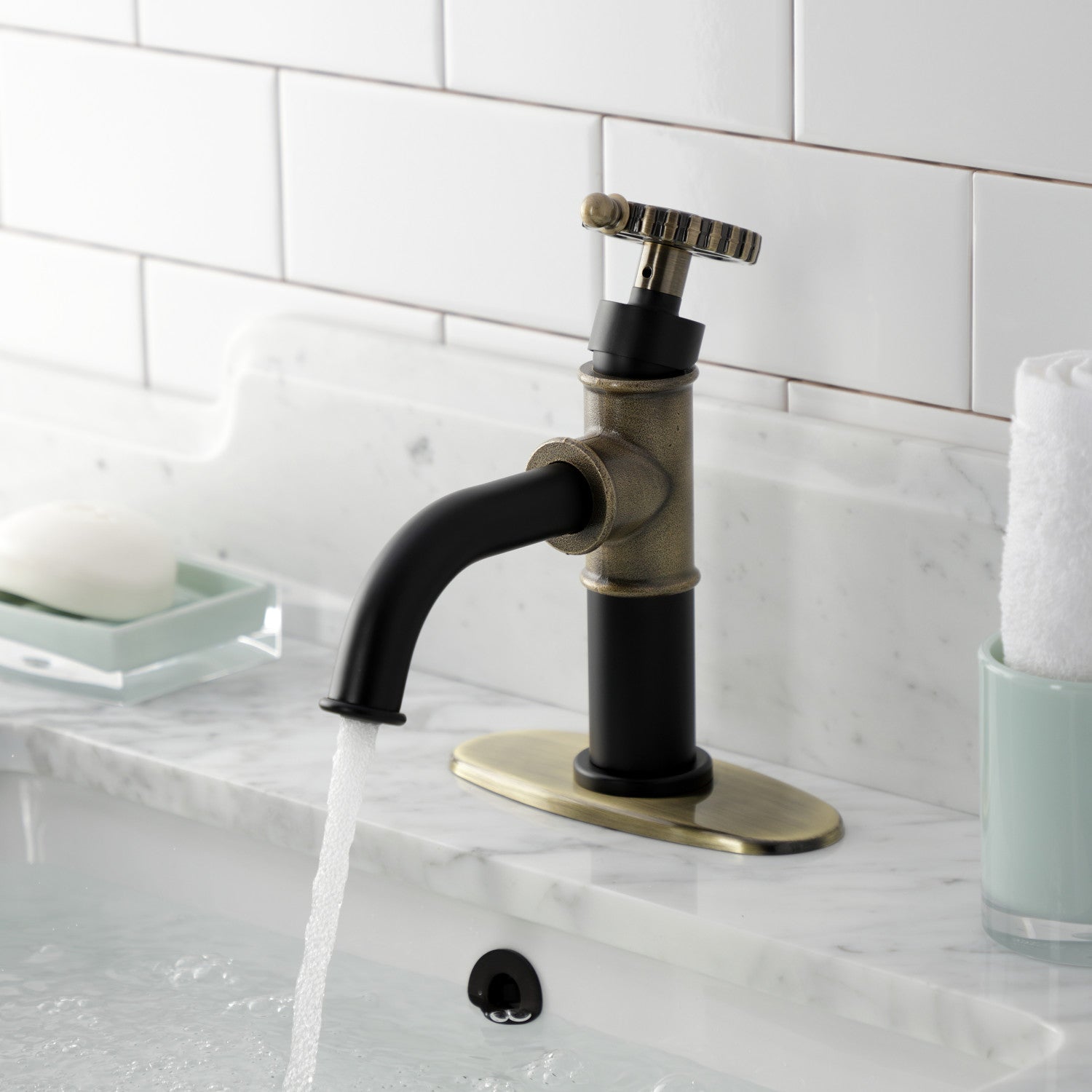 Kingston Sona KSD2823CG - Fuller One-Handle 1-Hole Bathroom Faucet with Deck Plate and Push Pop-Up Drain, Matte Black/Antique Brass — thumbnail 3